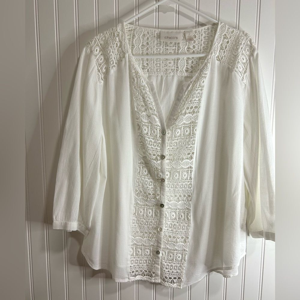 Chico's 2(eguiv US L/ 12 women  Cream Embellished Bib Collar Blouse 100% cotto